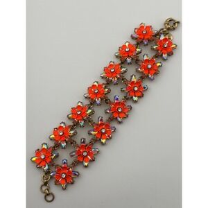 J. Crew Pansy Floral Crystal Bracelet Neon Persimmon AB Rhinestone Gold Tone